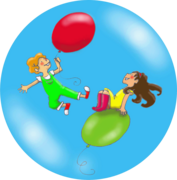 Déssin : Atmo et son amie flotte dans l'air grace à des ballons
